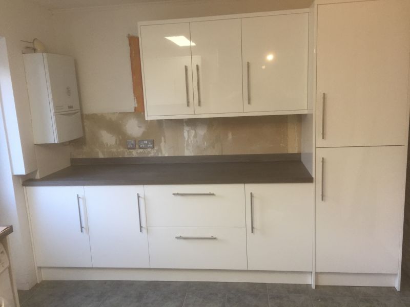Homebase White Gloss Kitchen, Bar Handles, Ink Black Worktops & Upstands.: Swipe To View More Images