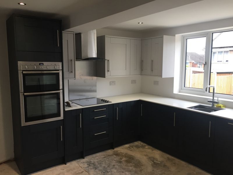 Wickes Milton Midnight Blue & Milton Grey units including Larder Pantry Unit, Modern Cornice/Pelmet: Swipe To View More Images