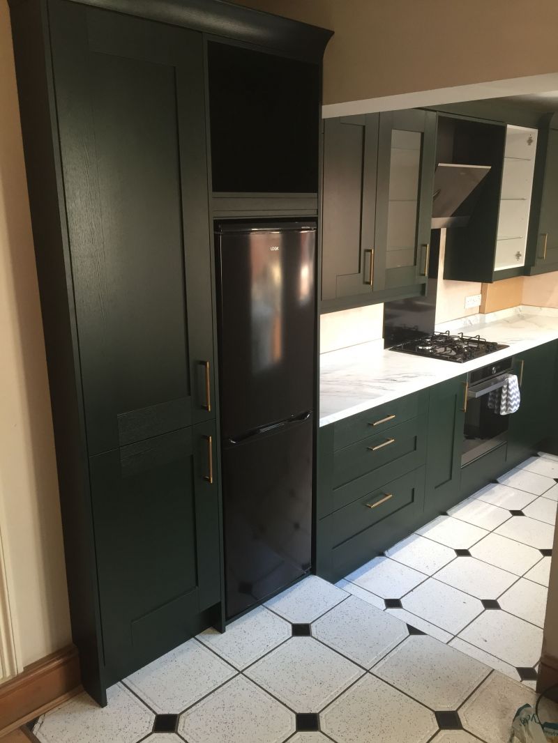 Homebase Whitstable Emerald Green, Unika Marble Swirl Worktops & Upstands.  Hotpoint appliances.: Swipe To View More Images