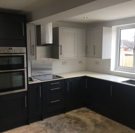 Wickes Milton Midnight Blue & Milton Grey units including Larder Pantry Unit, Modern Cornice/Pelmet: Click Here To View Larger Image