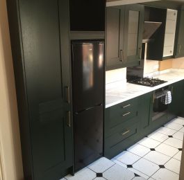 Homebase Whitstable Emerald Green, Unika Marble Swirl Worktops & Upstands.  Hotpoint appliances.: Click Here To View Larger Image